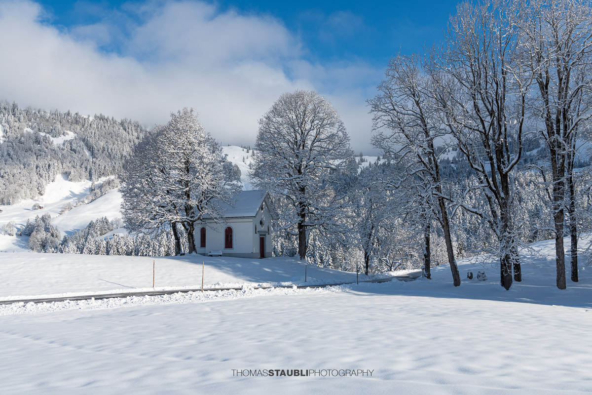 Kleine Kapelle St. Anna im Gründel, umgeben von schneebedeckten Wiesen und alten Bäumen, mit roter Eingangstür in ruhiger Winterlandschaft.