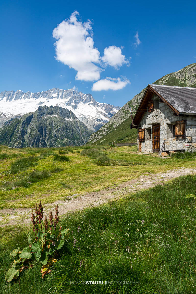 Alphütte auf der Göscheneralp unter blauem Himmel.