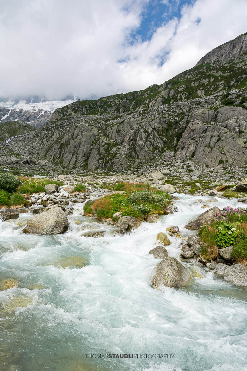 Dammareuss im Göschenertal im Kanton Uri, klarer Gebirgsbach zwischen Felsen und alpiner Vegetation mit Blick Richtung Dammagletscher.
