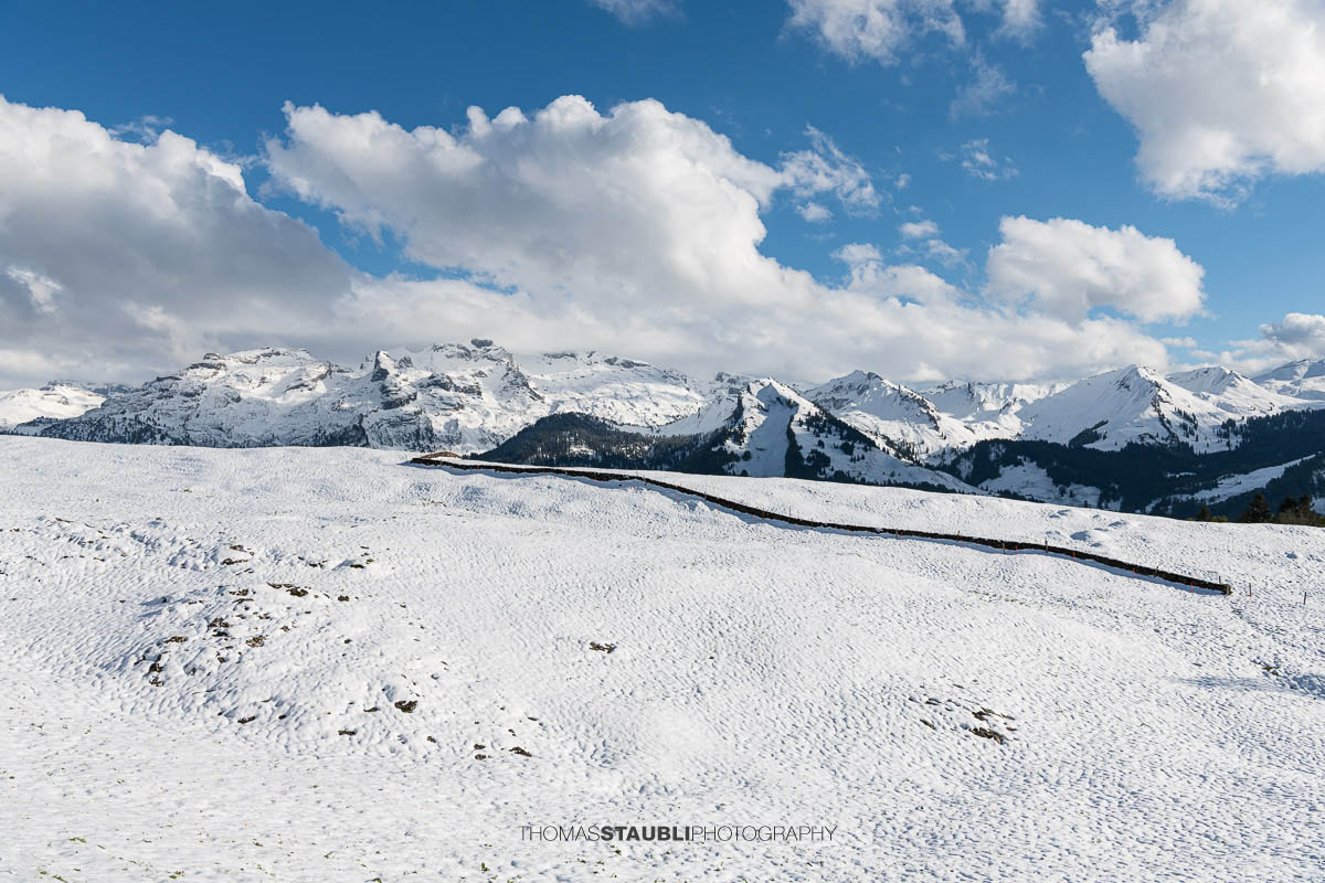 verschneiter Vorder Oberberg mit Blick zu den Schwyzer Alpen