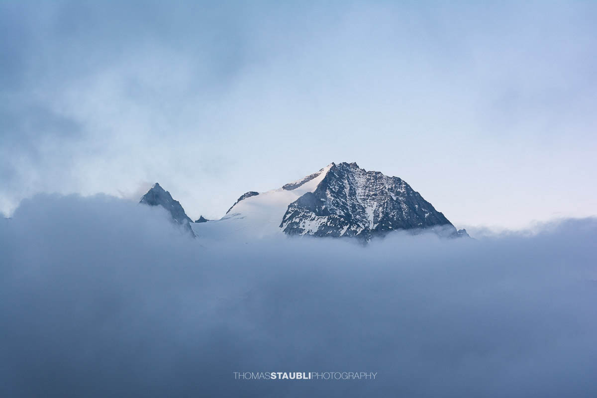 Der Oberalpstock erhebt sich über einem Nebelmeer, während das erste Licht den vergletscherten Gipfel der Urner Alpen beleuchten.