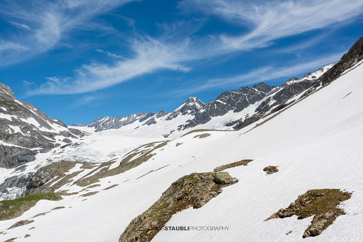 Blick auf den Hüfifirn im Maderanertal mit ausgedehnten Schneefeldern, Gletscher und Gipfeln der Urner Alpen unter blauem Himmel.