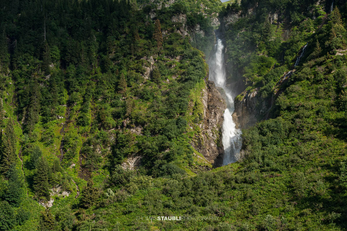Stäuber Wasserfall im Maderanertal mit bewaldeten Berghängen.