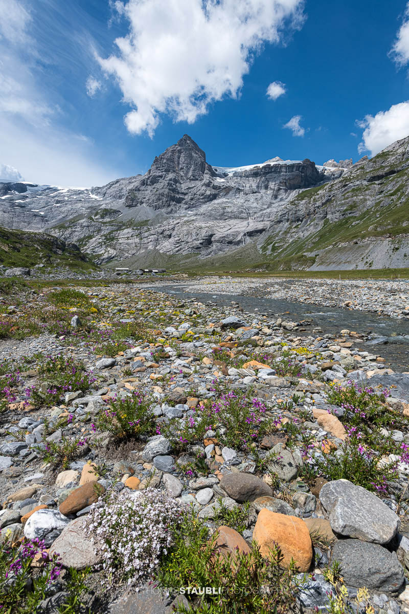 Oberstafelbach bei Ober Sand mit Blick zum Vorder Spitzalpelistock in den Glarner Alpen.