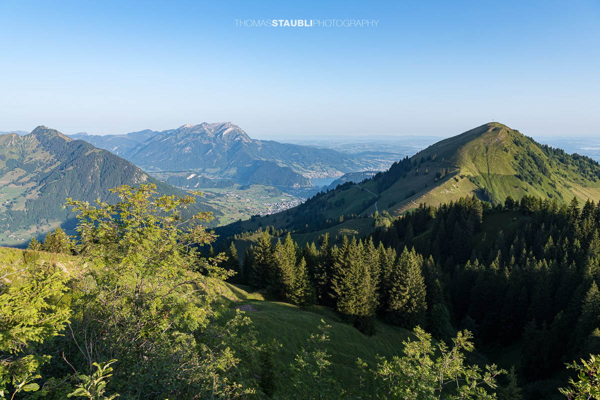 Aussicht vom Musenalper Grat auf den Pilatus und das Buochserhorn mit grünen Alpweiden und der Zentralschweizer Hügellandschaft.