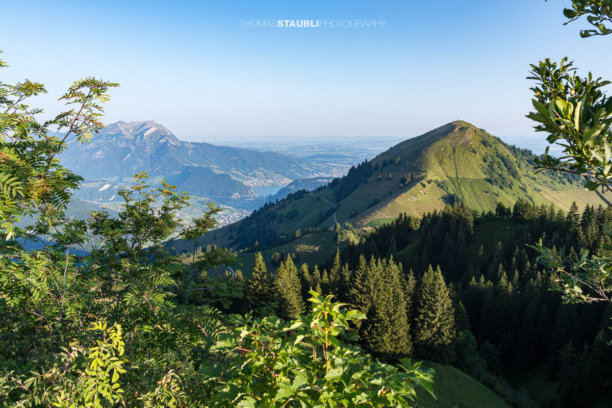 Aussicht vom Musenalper Grat auf den Pilatus und das Buochserhorn mit grünen Alpweiden und der Zentralschweizer Hügellandschaft.