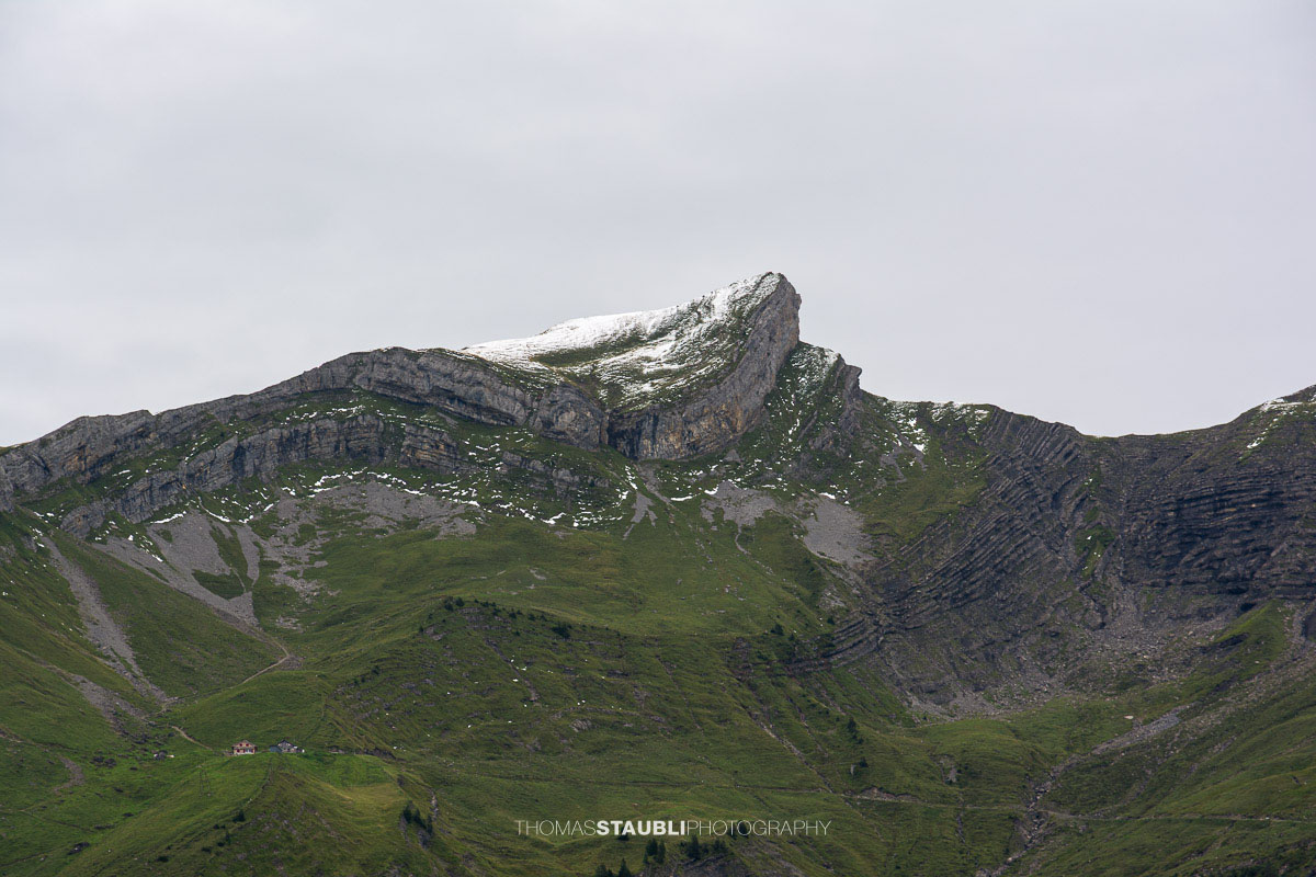 Blick von der Seenalp zum Träsmerenhöreli mit seinen markanten Felswänden im Kanton Uri.