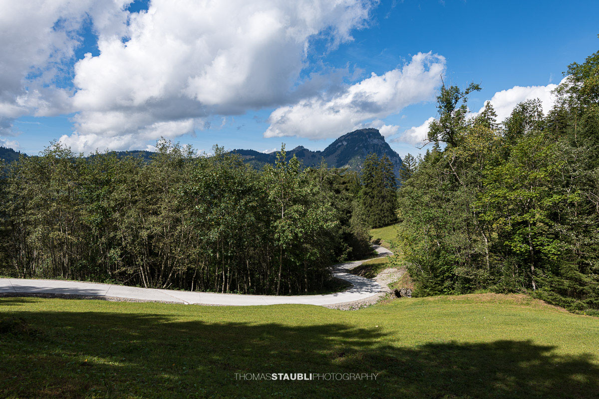 Bergstrasse auf die Schwarzenegg, im Hintergrund der Gross Aubrig