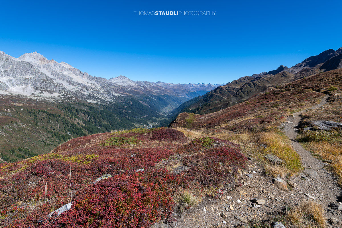 Blick vom Panoramaweg über das Val Bedretto mit herbstlich gefärbter Vegetation, weiten Berghängen und markanten Gipfeln.