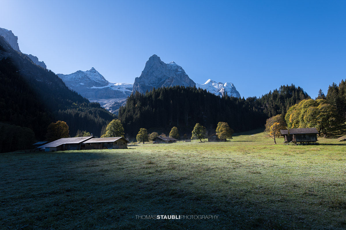 Herbstliche Morgenstimmung auf einer Wiese im Rychenbachtal mit dem Klein Wellhorn im Hintergrund und ersten Sonnenstrahlen über den Bergflanken.